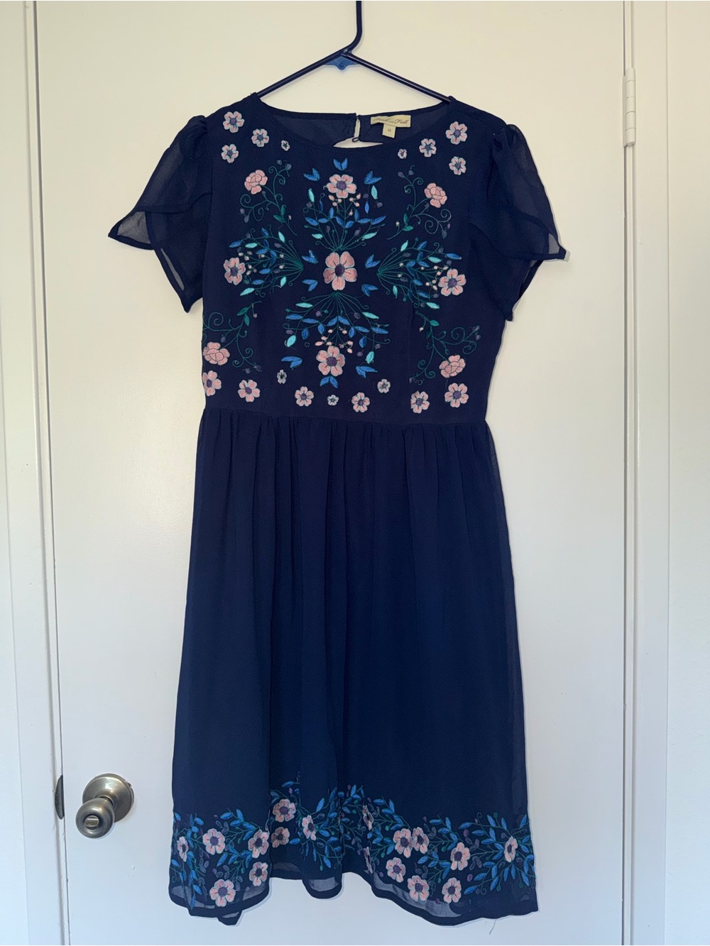 Frack and Frill Navy Blue Embroidered Floral Dress Size 14 Cottagecore Boho - Picture 2 of 8